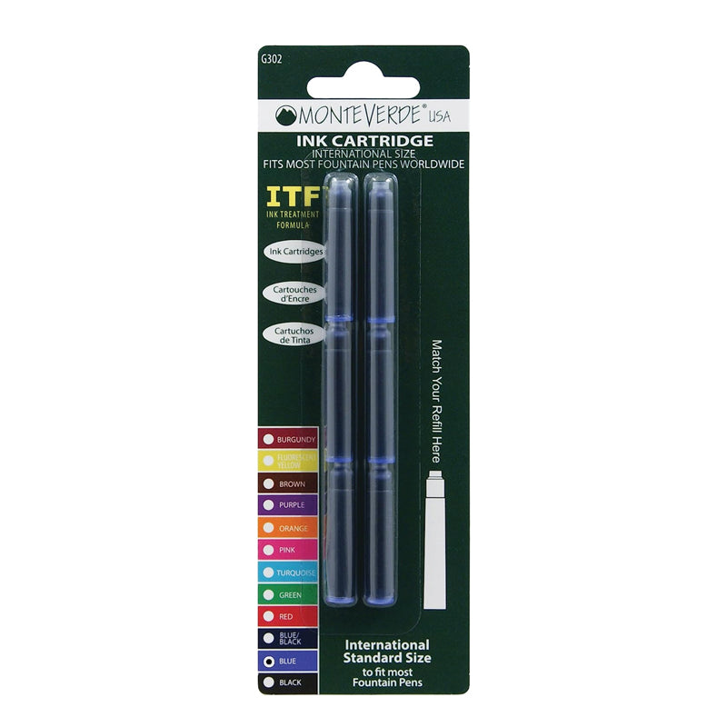 Monteverde USA International Standard Size Ink Blue Cartridge To Fit Most Fountain Pen, 6pcs, Blister Pack, G372BU