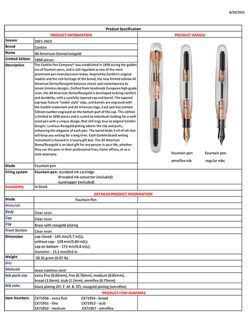 Conklin All American Rosegold लिमिटेड एडिशन फाउंटेन पेन (आईड्रॉपर + कार्ट्रिज + कन्वर्टर)