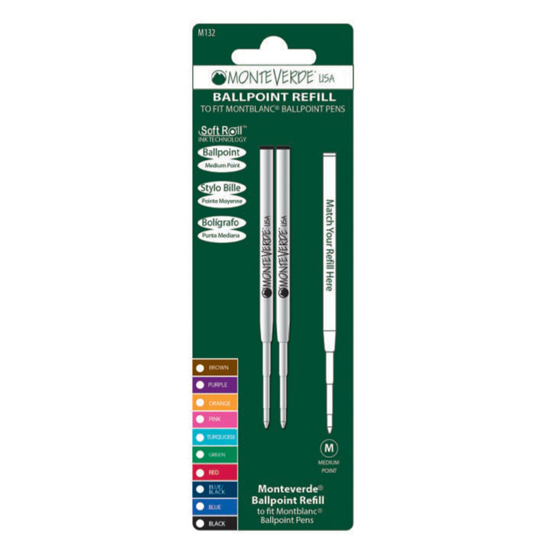 Monteverde USA Soft Roll Ballpoint Refill To Fit Montblanc Ballpoint Pens, Mediium Point, Pack of 2 Refills - Blue(M132BU)