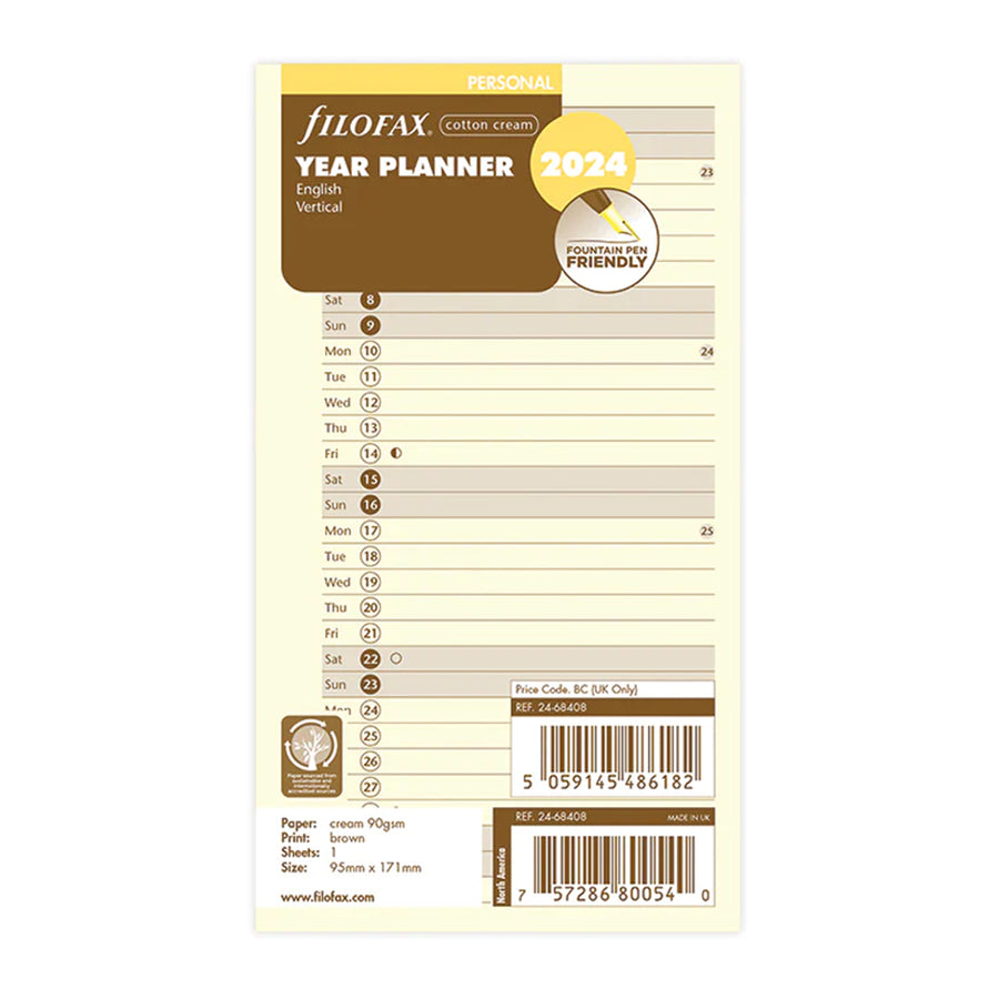 2024 Filofax Personal Size Refill 24-68439, Week on One Page,  Multilanguage, Cotton Cream