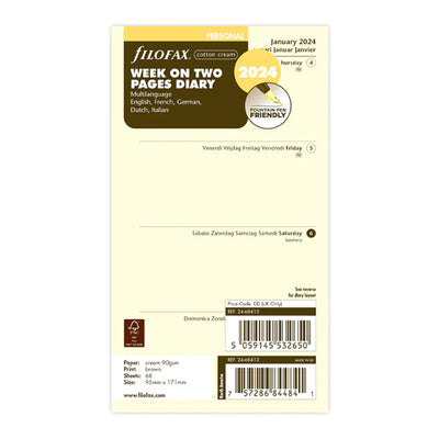 Filofax Week On Two Pages Diary - Personal Cotton Cream 2024 Multilanguage