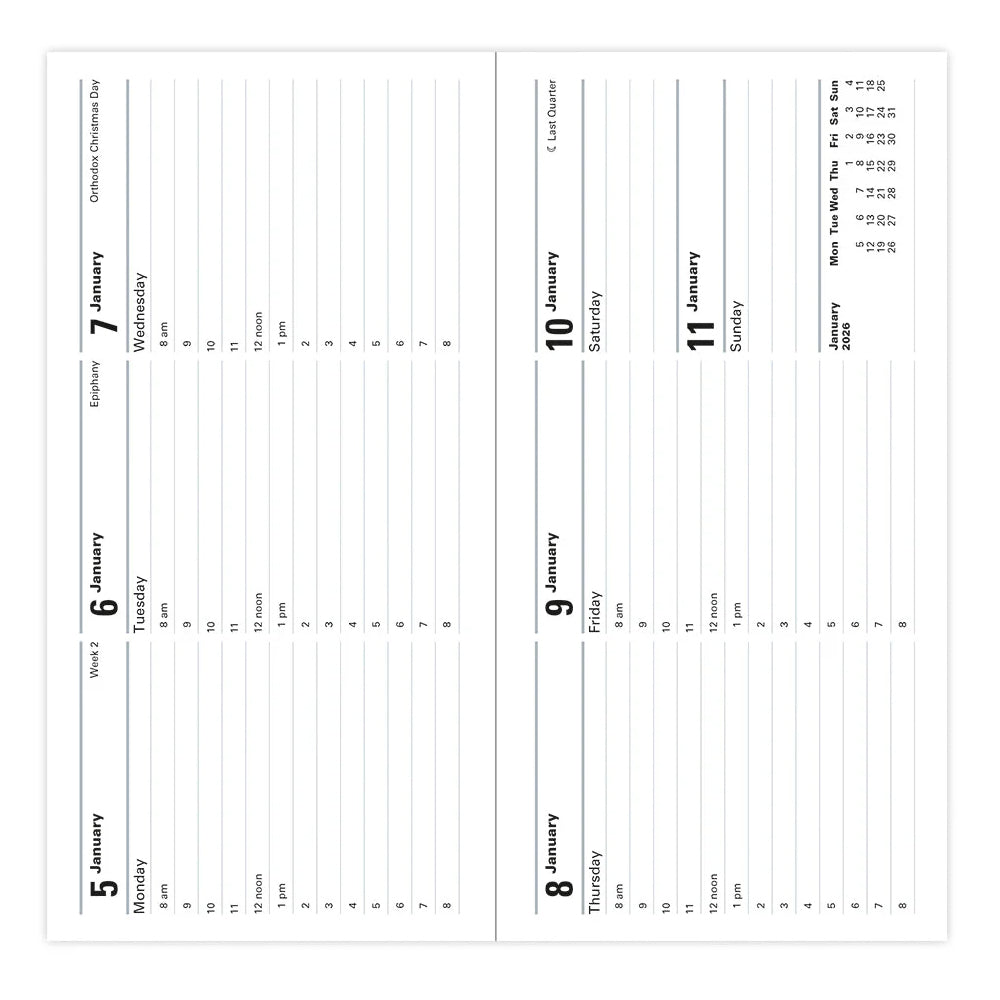 Classic Slim Landscape Week to View Diary with Appointments 2026, English - Black