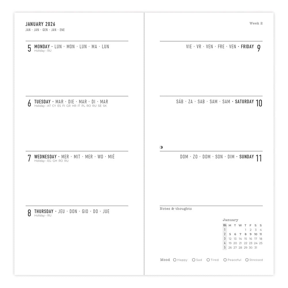 Verona Slim Week to View Diary 2026, Multilanguage - Black