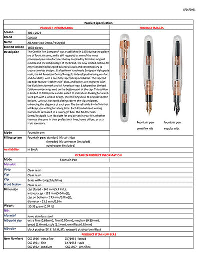 Conklin All American Rosegold लिमिटेड एडिशन फाउंटेन पेन (आईड्रॉपर + कार्ट्रिज + कन्वर्टर)